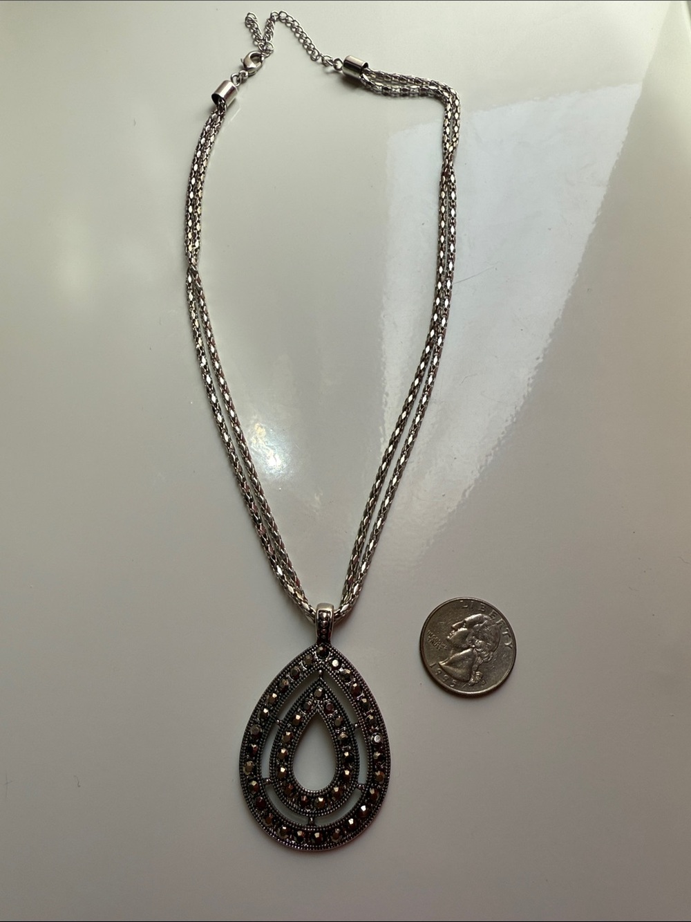 Sterling-Tone Teardrop Marcasite Pendant Necklace - Silver